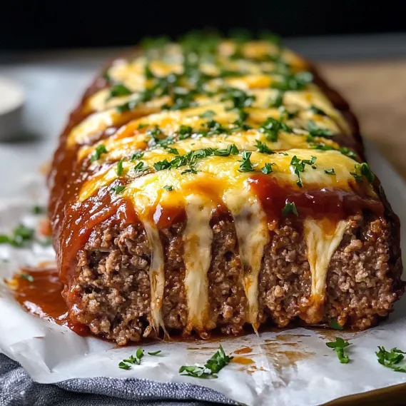 A meat loaf with cheese and herbs on top.