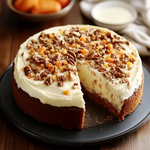 A slice of cake with caramel and walnuts.