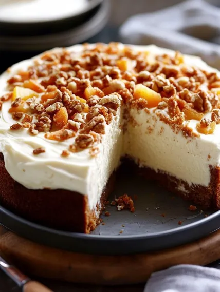 A slice of cake with peaches and walnuts.