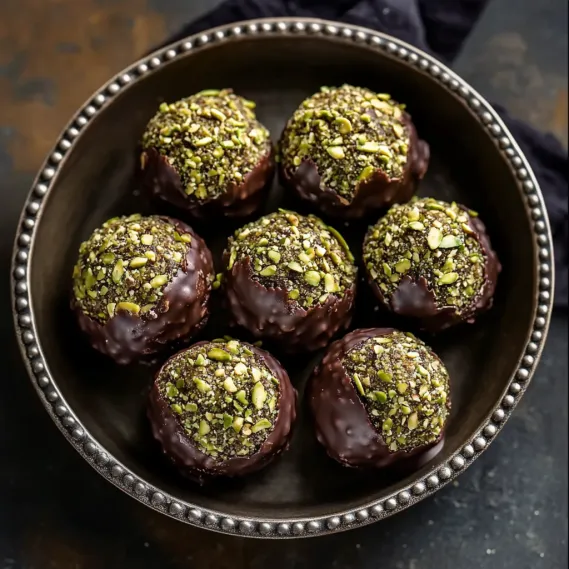 A bowl of chocolate balls with nuts.