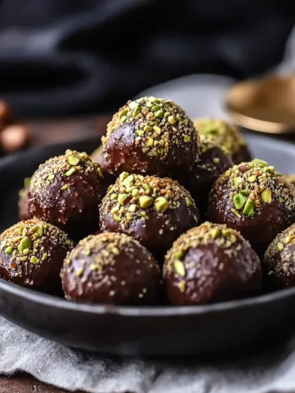 A bowl of chocolate balls with nuts on top.