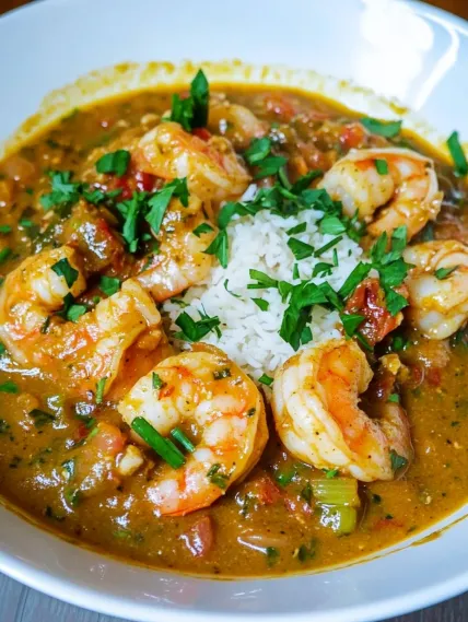 A bowl of shrimp soup with rice and garnish.
