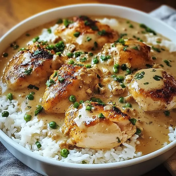A bowl of rice with chicken and peas.