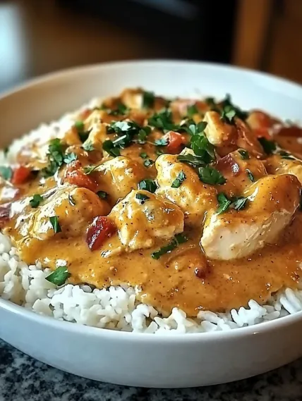 A bowl of rice with chicken and vegetables.