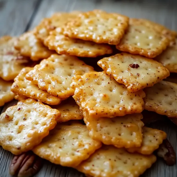 A pile of cheese crackers on a table.
