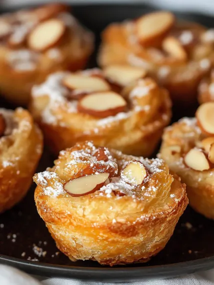 A close up of a pastry with almonds on top.