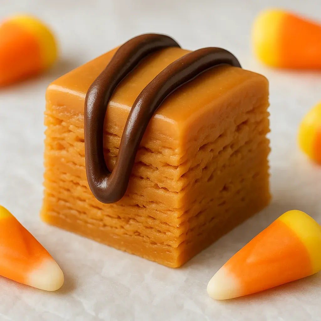 A piece of candy with a chocolate stripe.