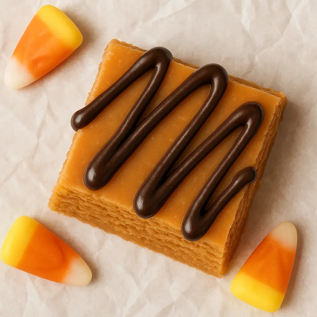 A chocolate and caramel covered dessert.