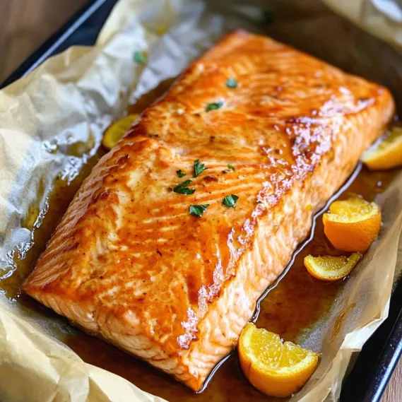 A pan of salmon with orange slices.