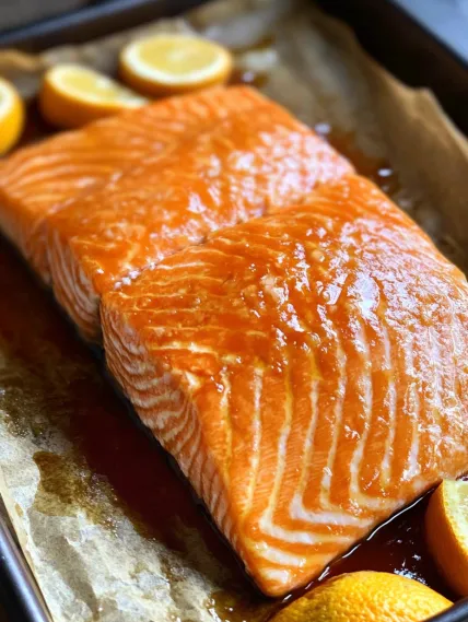 A piece of salmon with orange sauce on a white plate.