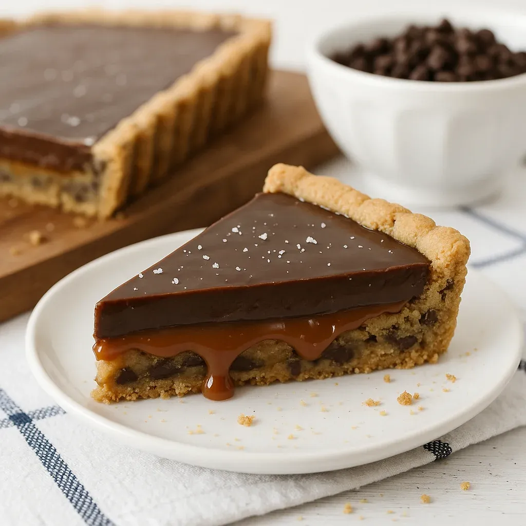 A slice of chocolate pie on a white plate.