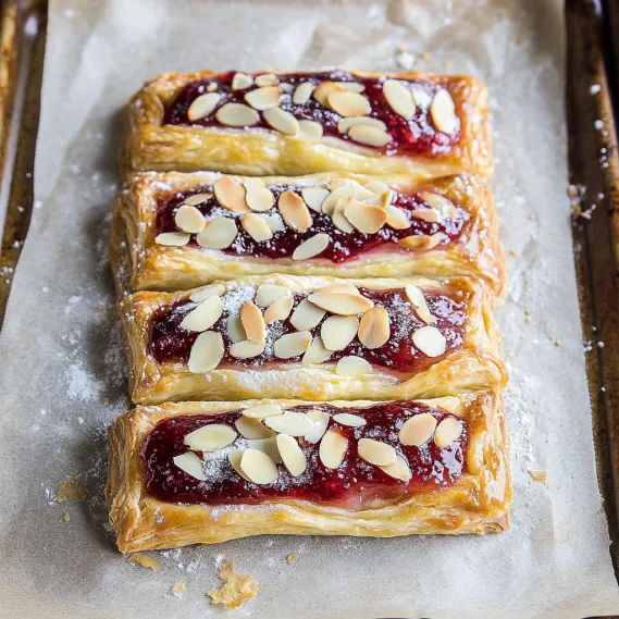 A pastry with almonds and strawberries.