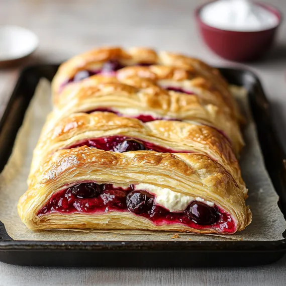 A tray of pastries with berries on top.