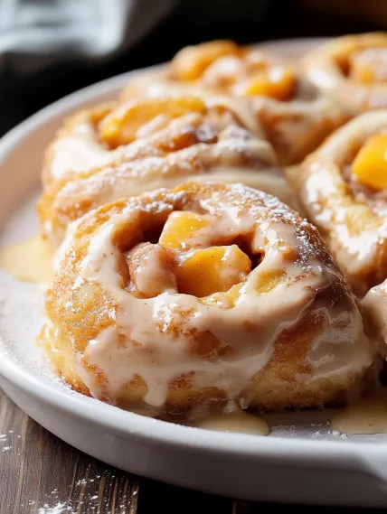 A plate of doughnuts with peaches on top.