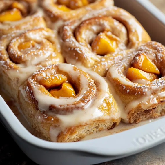 A pan of cinnamon rolls with peaches.