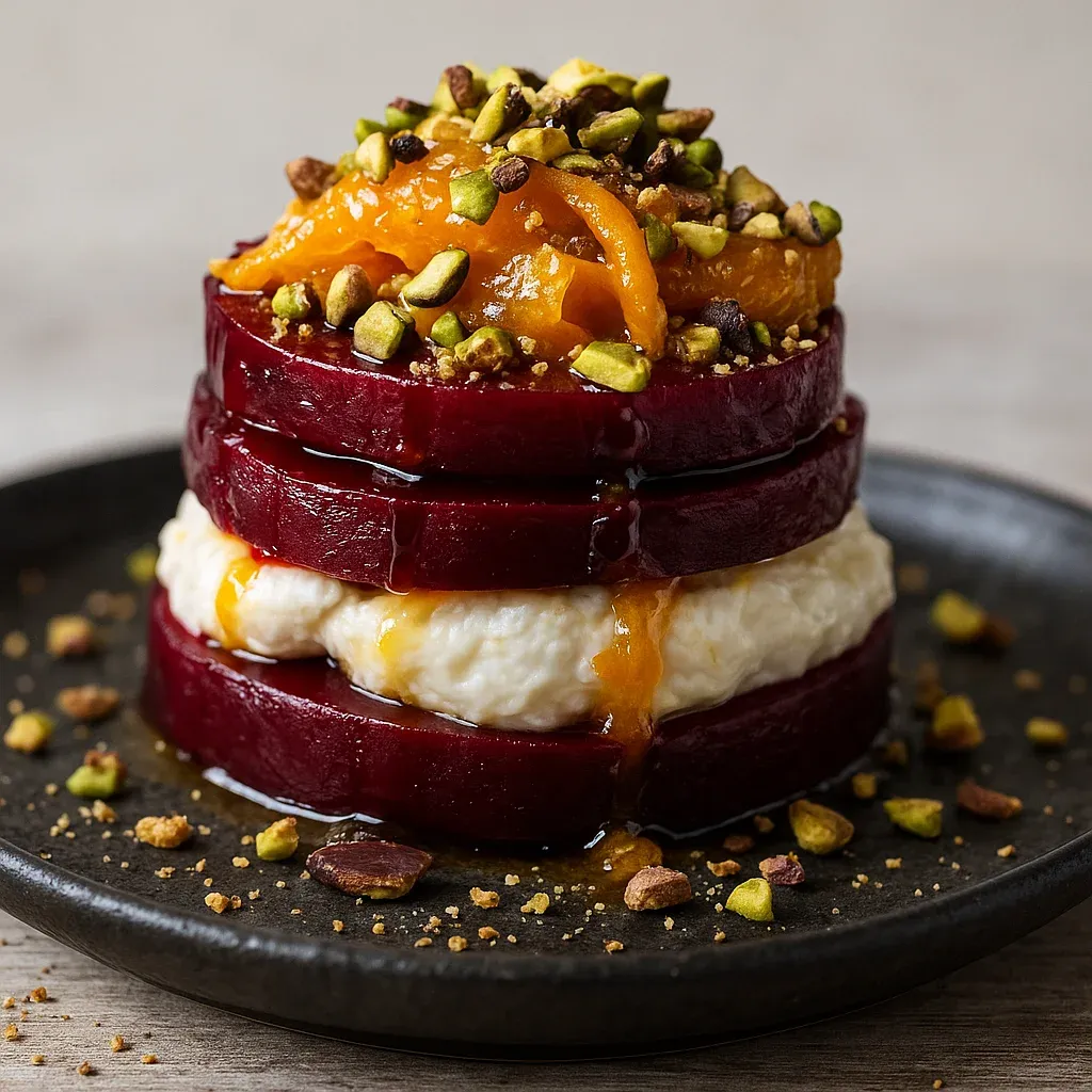 A stack of beets with a dollop of cream on top.