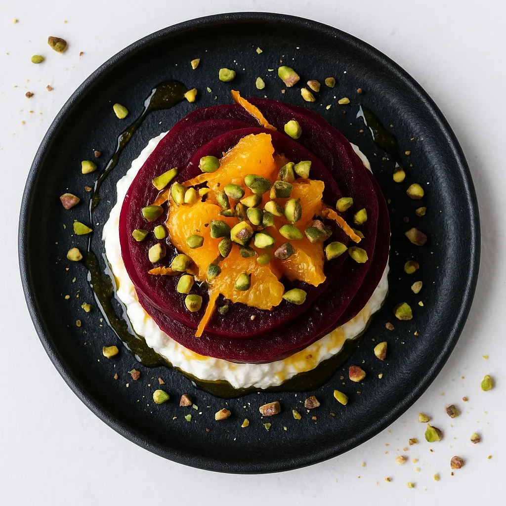 A plate of food with a slice of orange on top.