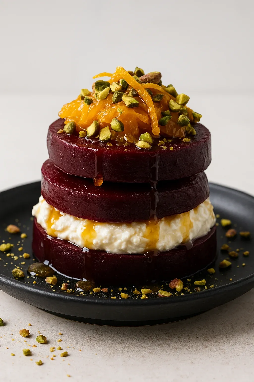 A stack of red beets with a dollop of whipped cream on top.