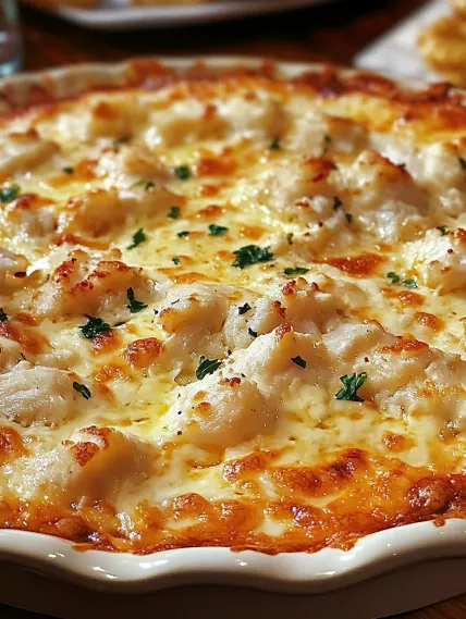 A cheesy casserole with chicken and vegetables.