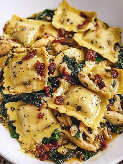 A bowl of pasta with meat and greens.