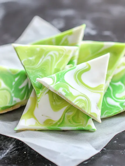 Green and white cookies on a table.