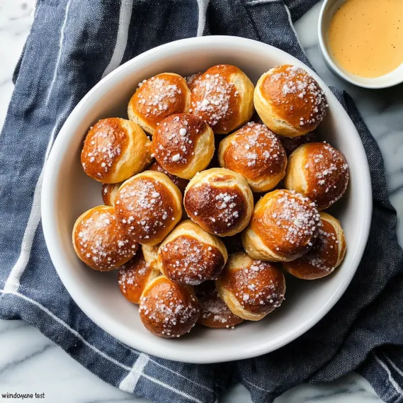 A bowl of doughnuts with powdered sugar.