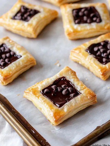 A square pastry with chocolate and chocolate chips.