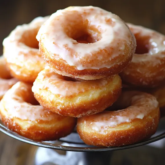 A stack of glazed donuts on a plate.