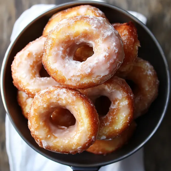 A bowl of donuts with powdered sugar.