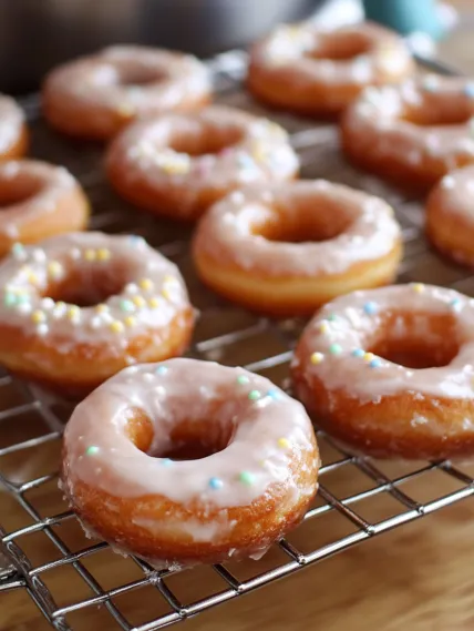 A tray of donuts with sprinkles.