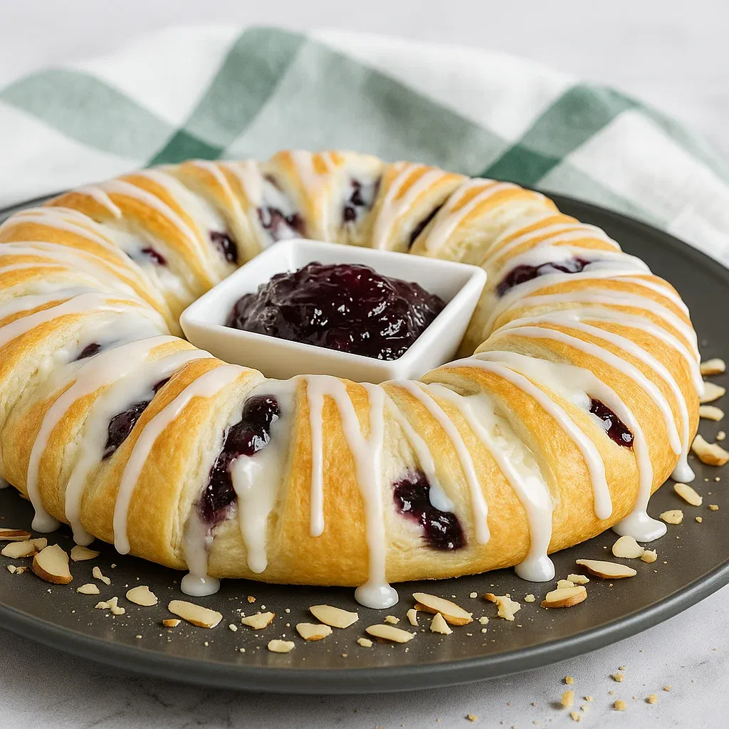 A plate of a pastry with jelly in the middle.