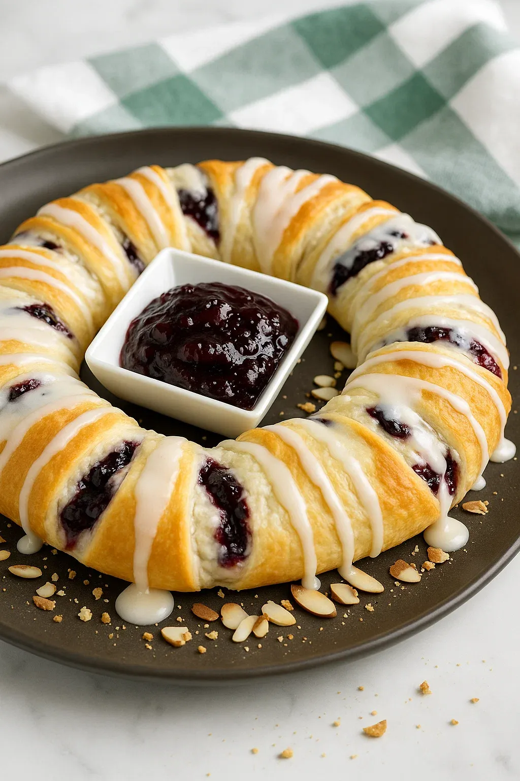 A plate of food with a white bowl of jelly.
