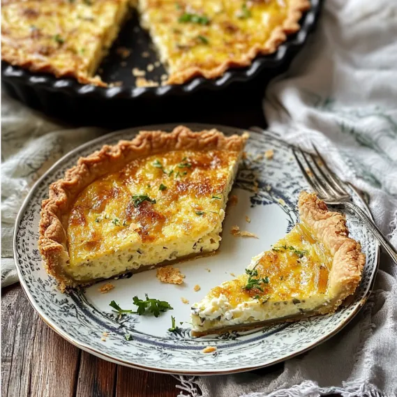A slice of quiche on a plate.