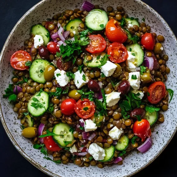 A plate of food with tomatoes, cucumbers, and feta cheese.