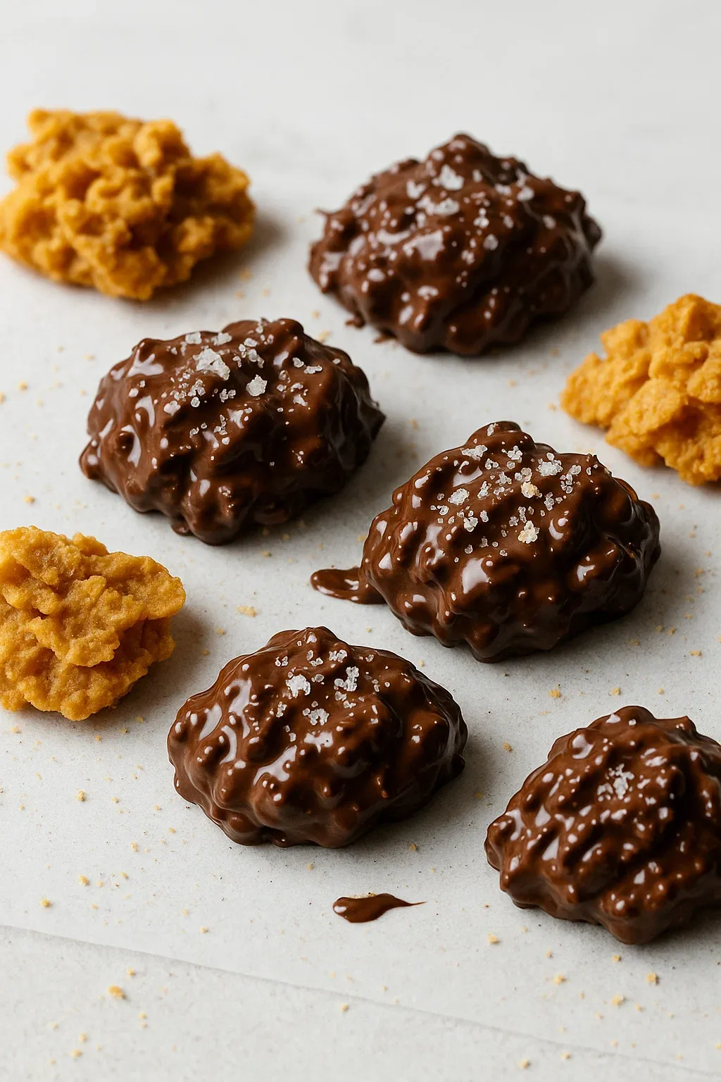 Chocolate covered raisins on a table.