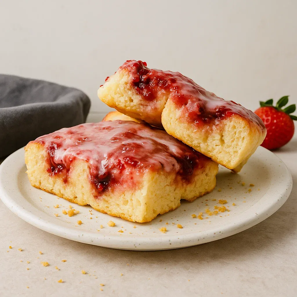 Two pieces of cake with strawberry jam on top.
