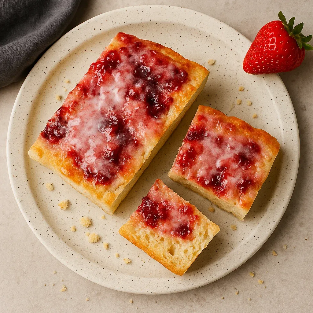 A slice of cake with strawberries on top.