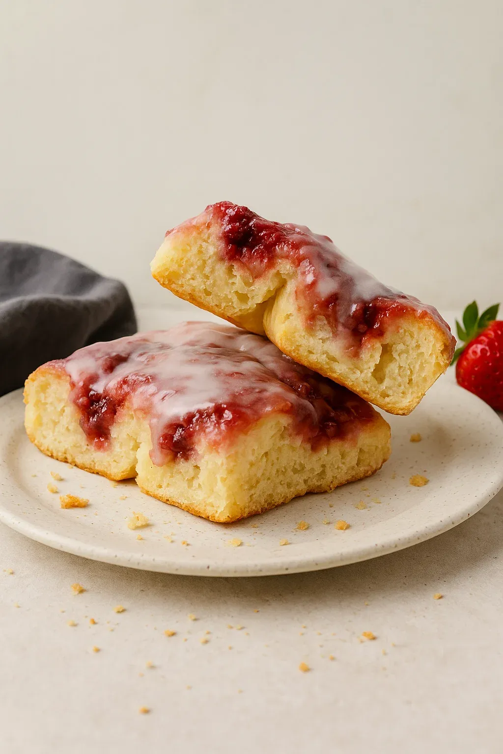Two pieces of cake with strawberry jam on a plate.