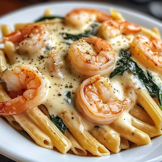 A plate of shrimp and pasta.