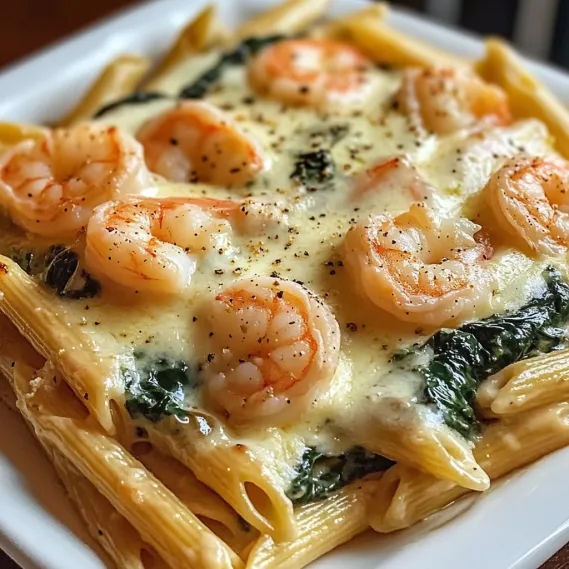 A plate of shrimp and pasta.