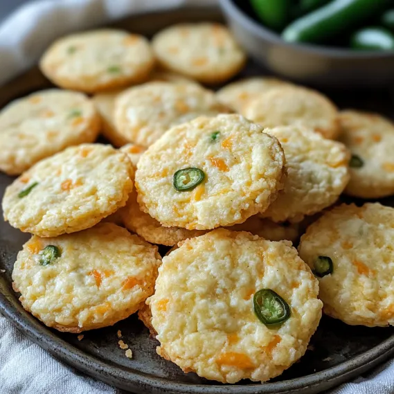 A plate of cookies with green peppers on top.