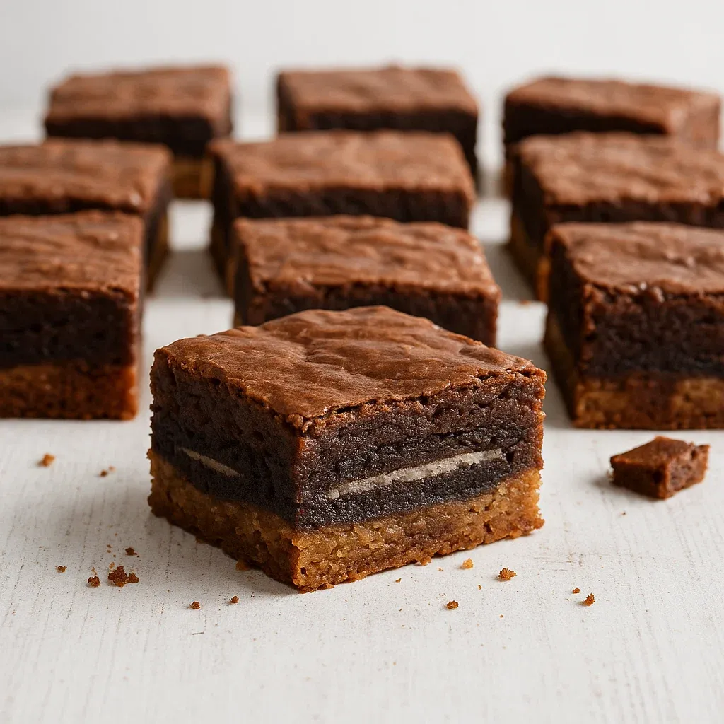 A square of chocolate cake with a peanut butter and chocolate square on top.