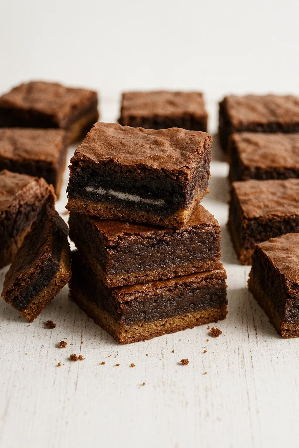 A stack of brownies with chocolate chips.
