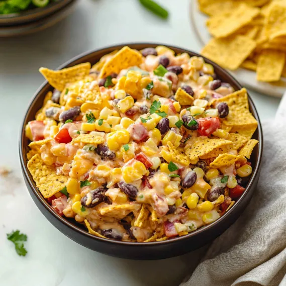 A bowl of nachos with a side of chips.