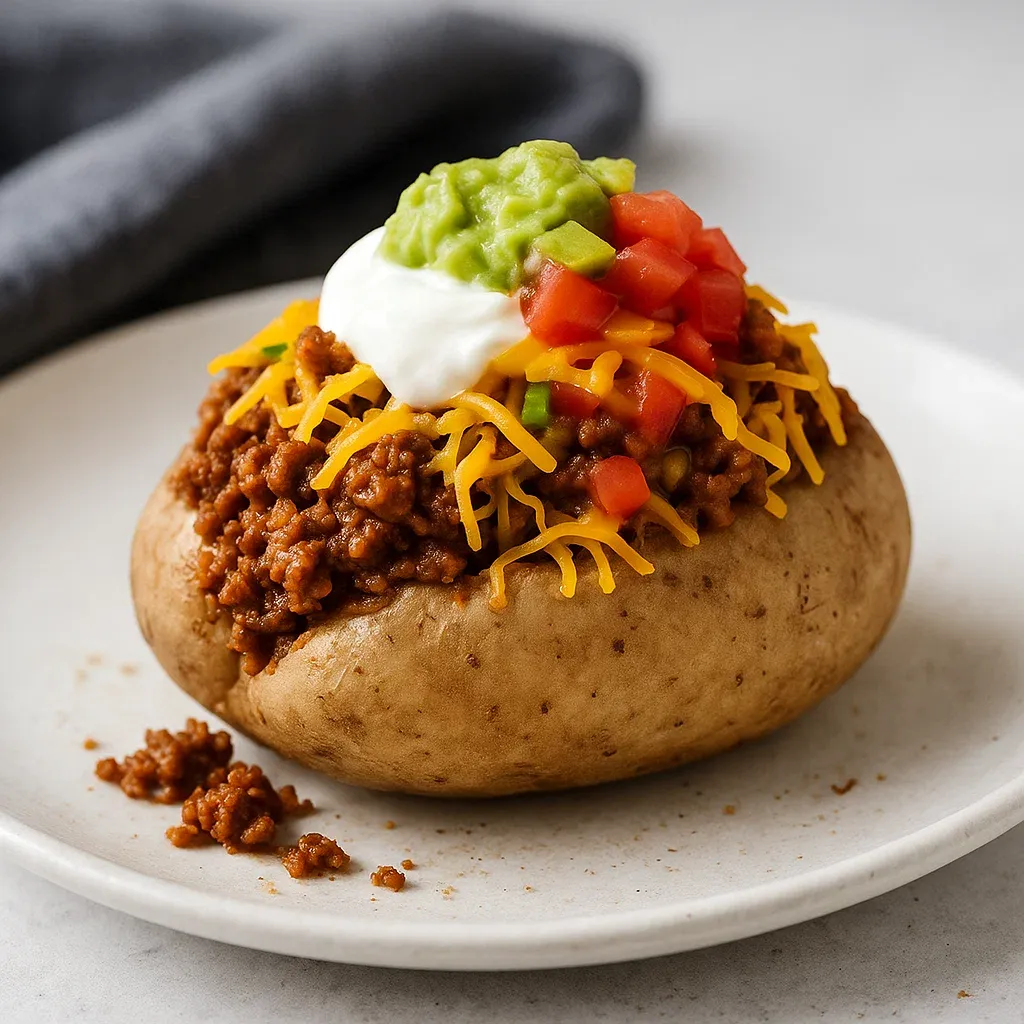 A plate of food with a potato and a tomato.