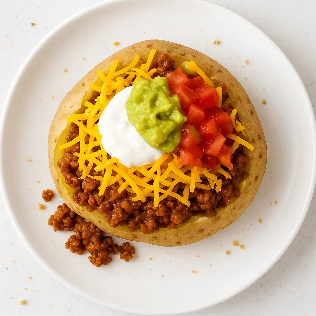 A plate of food with a potato and cheese on top.