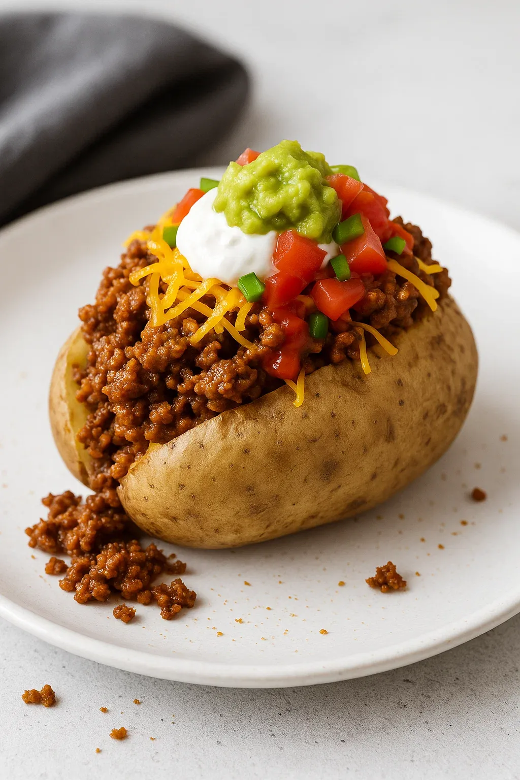 A plate of food with a potato and chili on it.