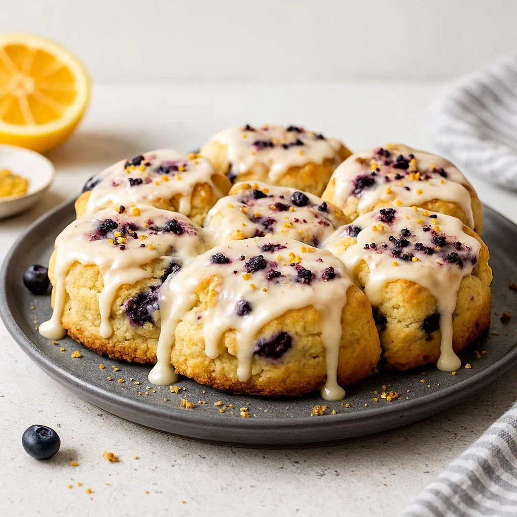 A plate of blueberry muffins with white icing.