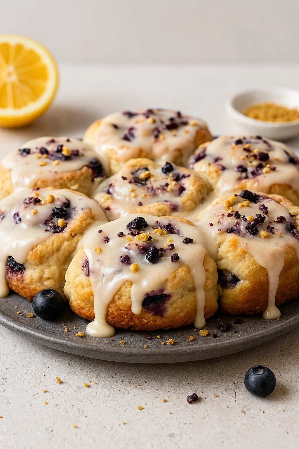 A plate of muffins with blueberries and powdered sugar.