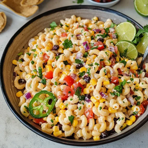 A bowl of pasta with tomatoes, corn, and black beans.